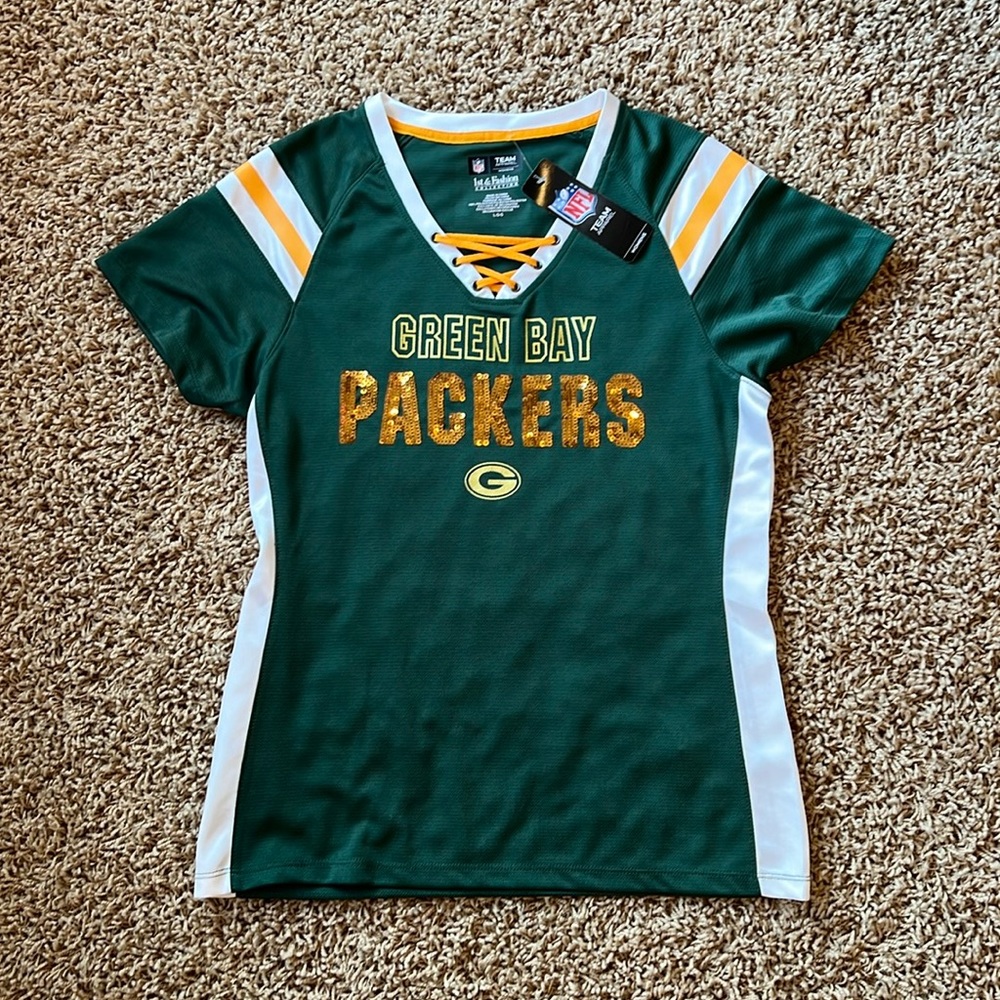 NEW NFL GREEN BAY PACKERS Jersey Sequin Tee Shirt Womens Large NWT